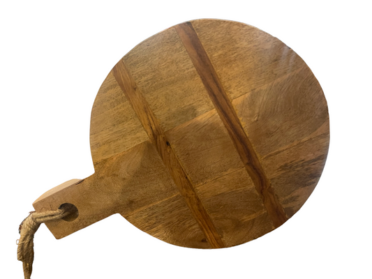 Round serving board with short handle and rope loop. Available sizes: small, medium, large.