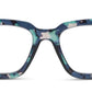Peepers Luster Marine Quartz square glasses with thick blue, teal, black, and white marbled frames. Sizes: narrow, wide.