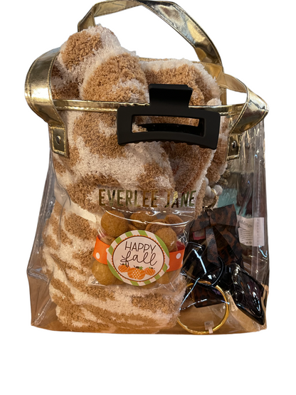 The Everlee Jane Clear Tote Bag with gold handles, stadium approved, features "EVERLEE LANE" on front. Sizes: S, M, L.