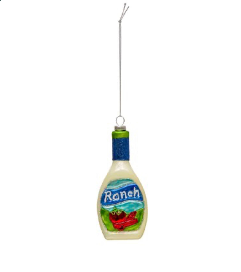 Hand-Painted Glass Ranch Dressing Bottle Ornament with green cap and tomato label.