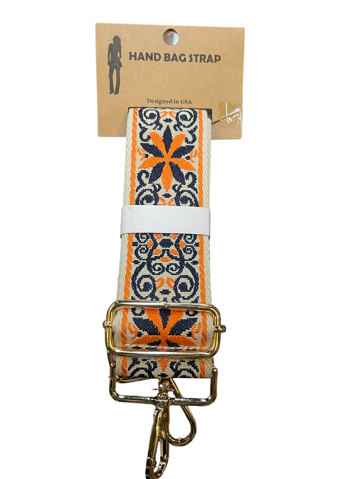 Hand Bag Strap with orange, navy, and white floral pattern, gold hardware, white leather accent. Available in S, M, L.