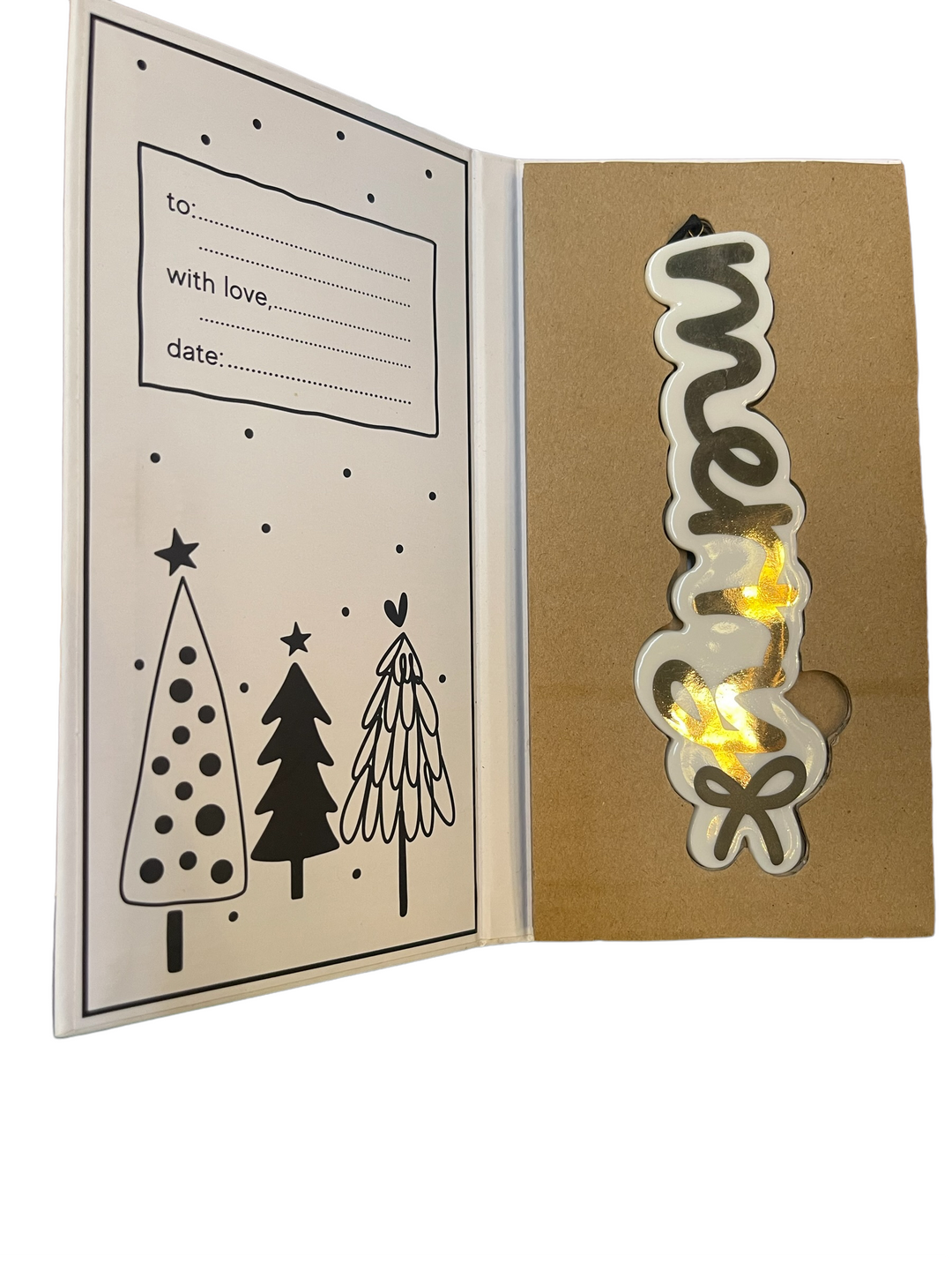 Keepsake ceramic ornament with “merry” Santa Barbara design, packaged in a gift card with space for recipient, sender, and date.