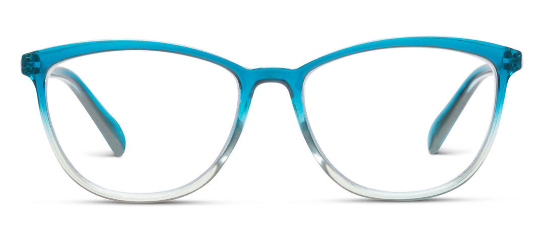 Wren eyeglasses in teal/aqua with blue-to-transparent gradient frame. Available sizes: small, medium, large.