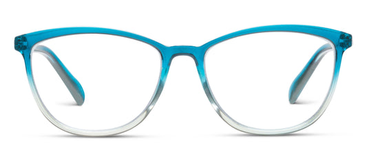 Wren eyeglasses in teal/aqua with blue-to-transparent gradient frame. Available sizes: small, medium, large.