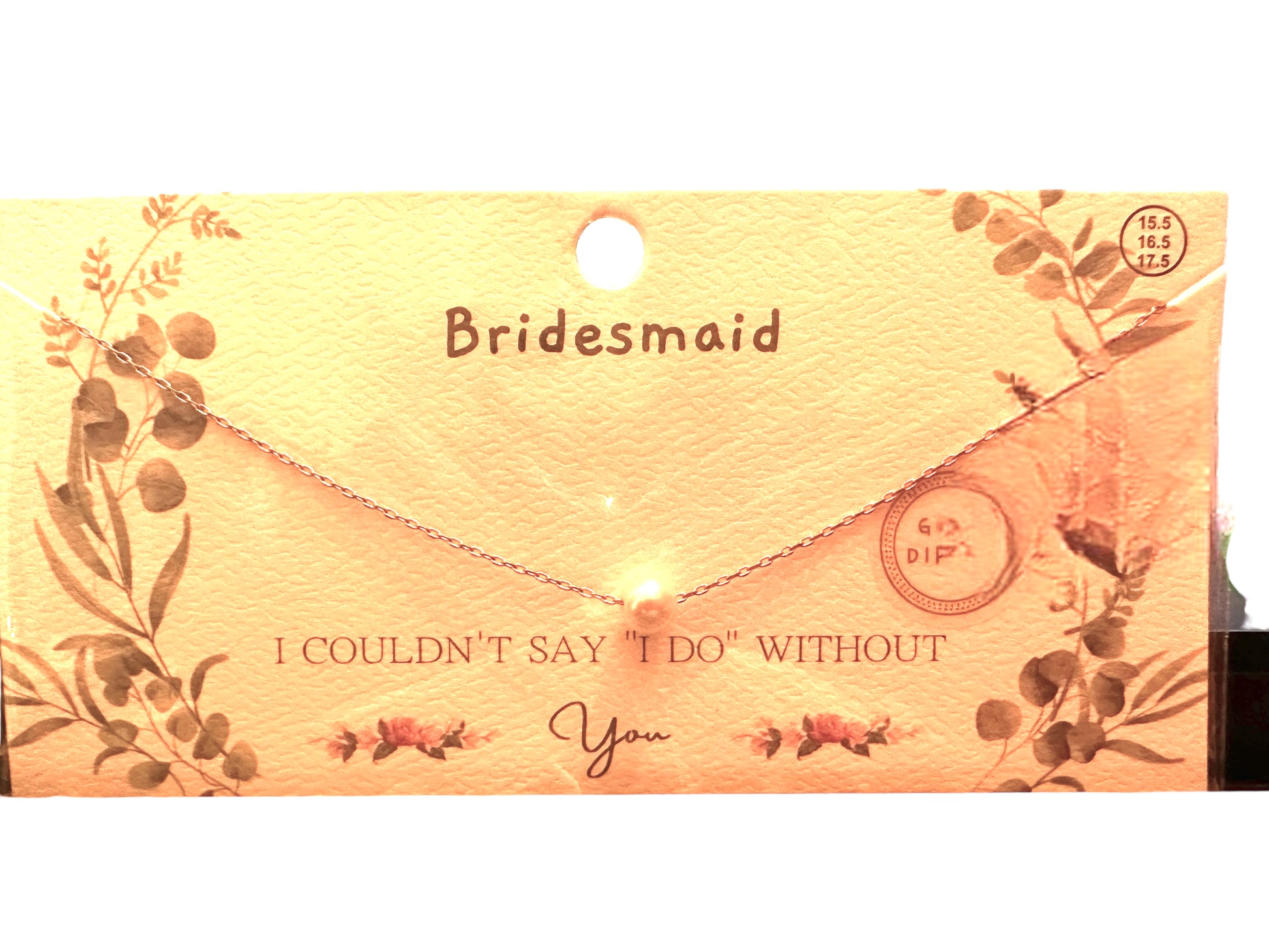 Gold dipped small link chain necklace with pearl. Card says "I couldn't say 'I do' without You"