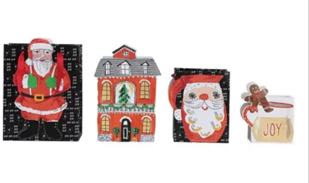 Four Christmas shaped gift bags featuring a full-body Santa, a two-story house, a Santa face, and a mug with a gingerbread man.