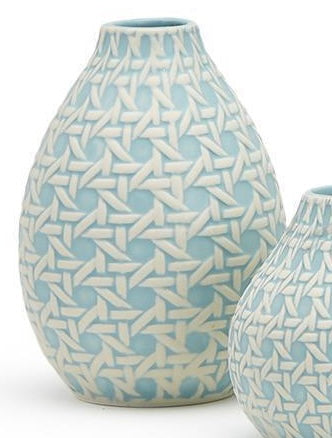 Sky Blue Vase: light blue ceramic with textured white geometric pattern. Available in small and large sizes.