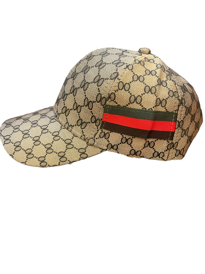 Beige adjustable Story Baseball Hat with dark brown pattern, green and red side stripe. Available in S, M, L.