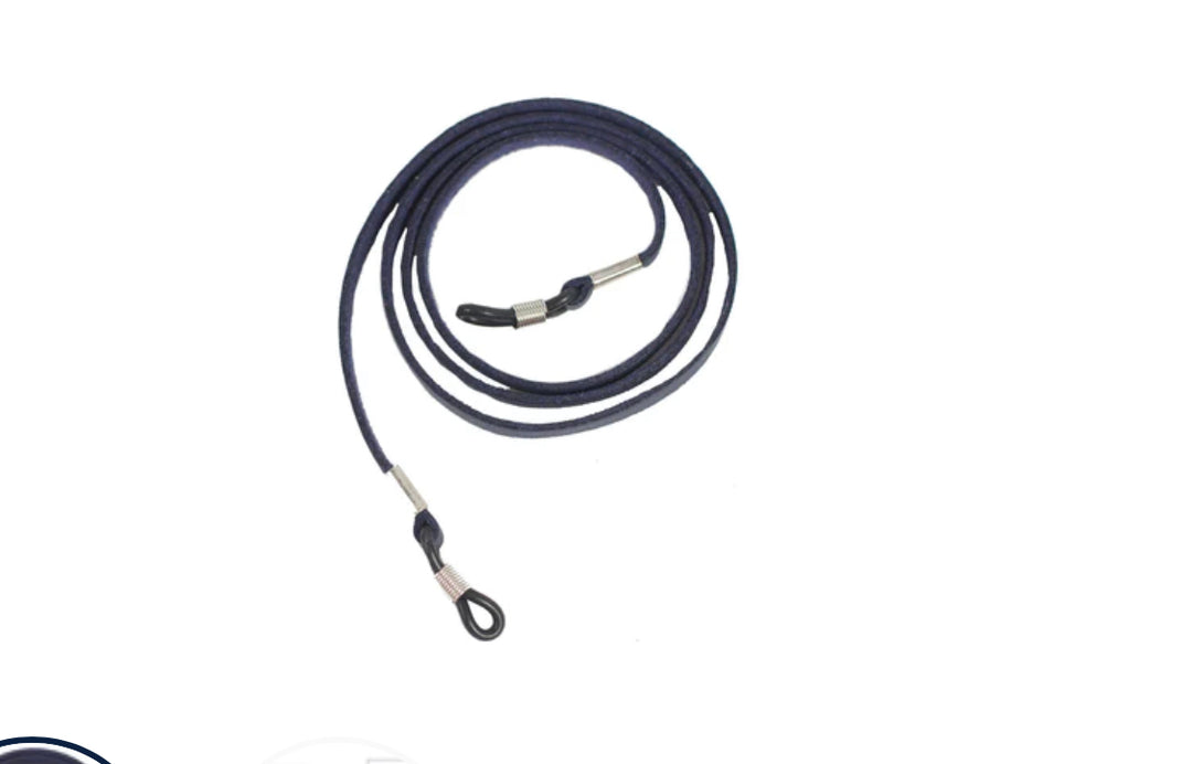 Black leather eyeglasses holder with anti-slip loops, metal crimps, and end loop. Available in 25" and 27" lengths.