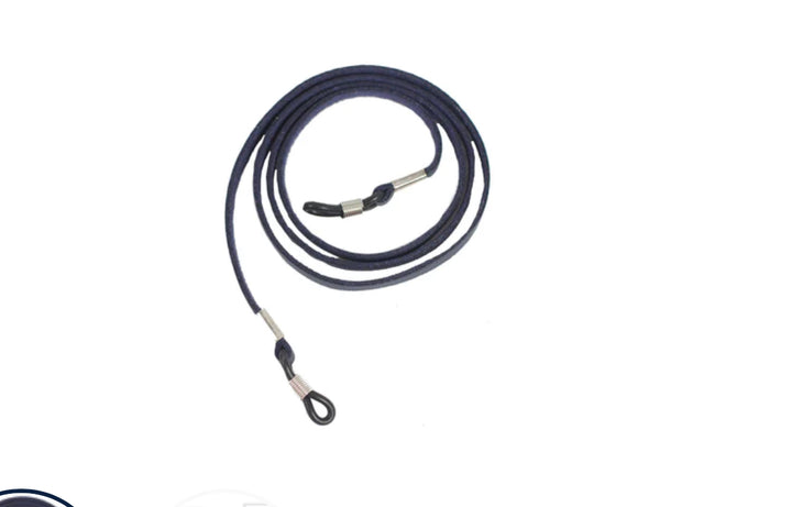 Black leather eyeglasses holder with anti-slip loops, metal crimps, and end loop. Available in 25" and 27" lengths.