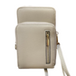 Small, light beige crossbody wallet with two zippered compartments, gold front zipper, beige strap. Available in S, M, L.