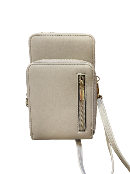 Small, light beige crossbody wallet with two zippered compartments, gold front zipper, beige strap. Available in S, M, L.
