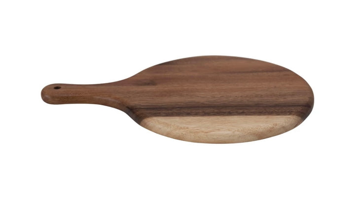 Sugar Wood Paddle Cutting Board with handle and small hole, natural wood grain, rich brown tones. Available in multiple sizes.