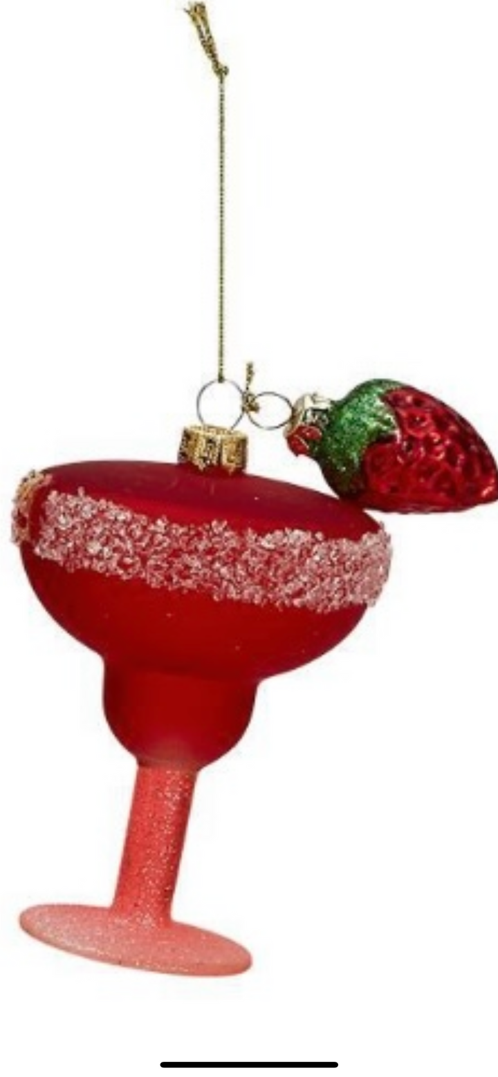 Cocktail Hour Ornament with red margarita glass charm, sugared rim, and strawberry garnish. Available in multiple sizes.