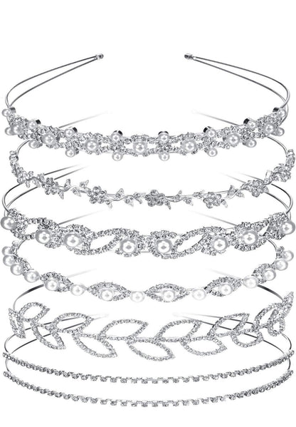 Six Crystal Flowers & Leaves Crown Headbands with silver, pearls, and crystals. Available in multiple sizes.