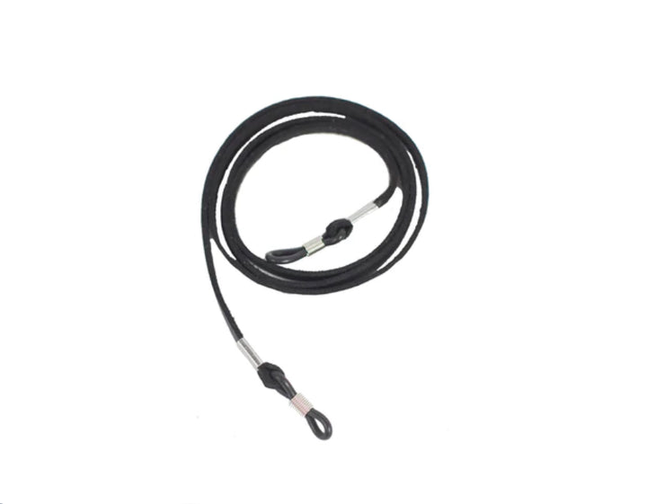 Black leather eyeglasses holder with metal anti-slip loops and reinforced ends. Available in 25" length.