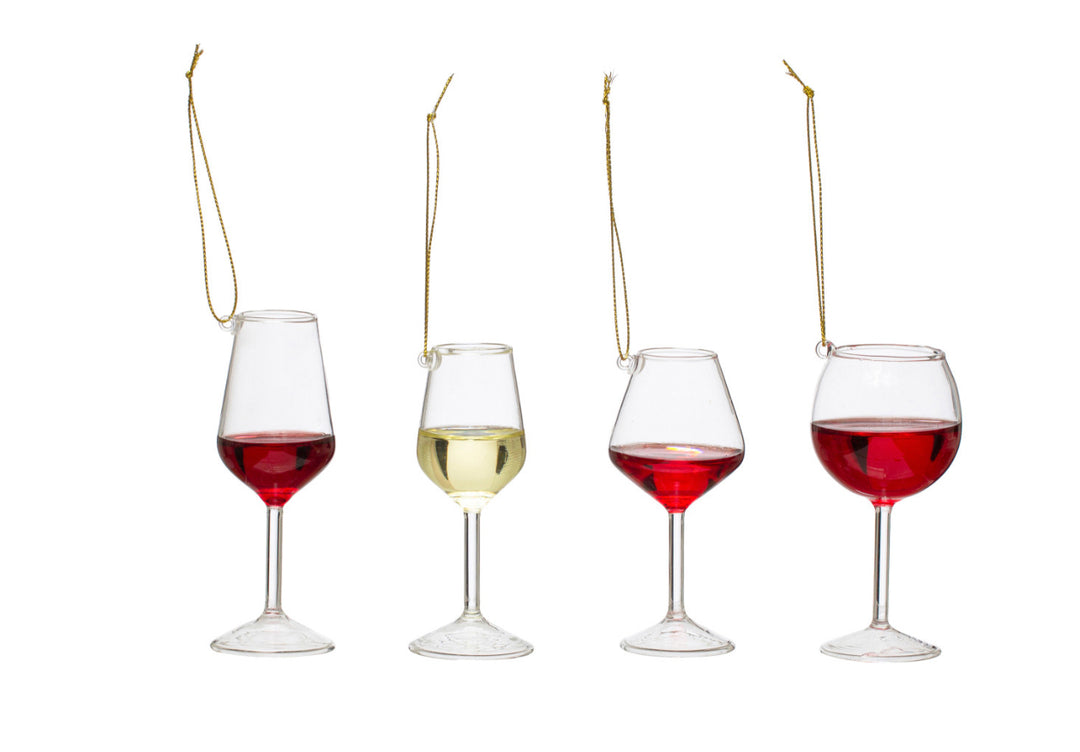 Set of four wine glass ornaments in four styles, each a clear glass filled with colored liquid and suspended by a gold string.