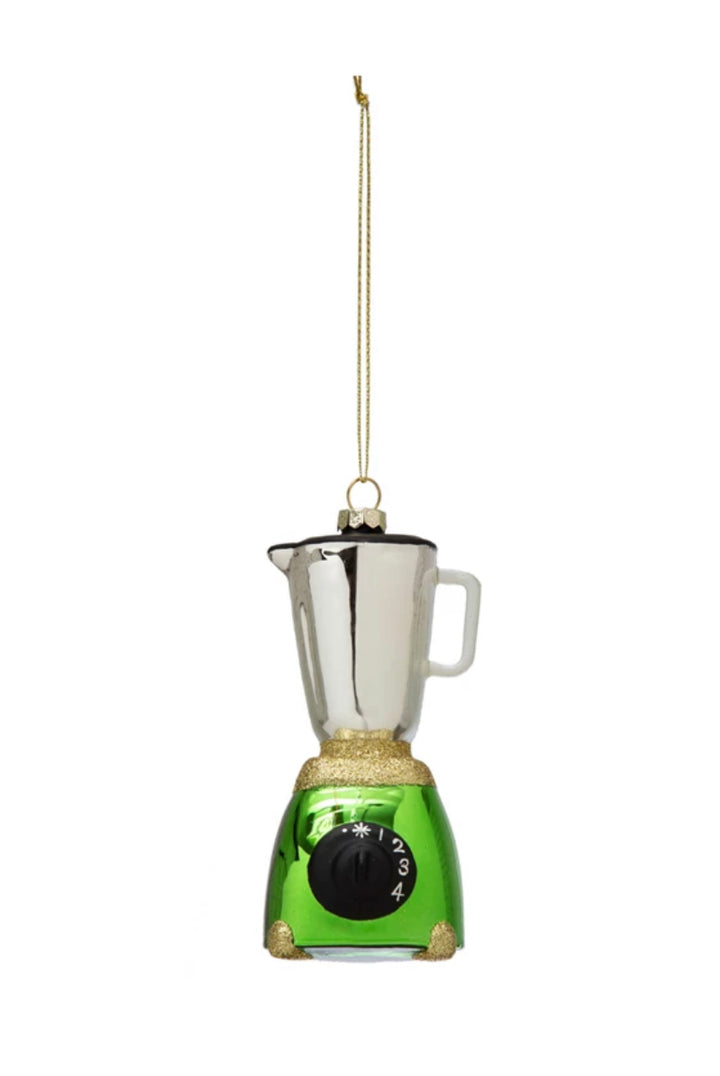 Hand-painted glass blender ornament with silver pitcher and green speed-dial base.