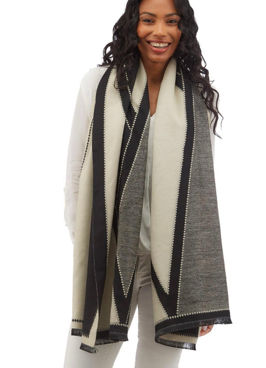 Oversized scarf with black and gray geometric patterns, stitched edges. Available sizes: S, M, L.