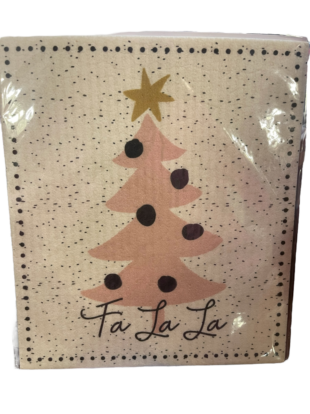 Christmas Tablesugar Collection Organic Dish Cloth with pink Christmas tree, gold star, dark ornaments, and “Fa La La” text.