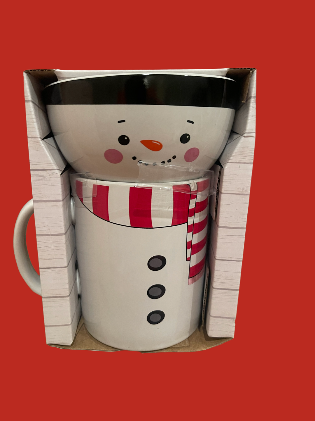 Stackable snowman mug and bowl set with red and white striped scarf design.