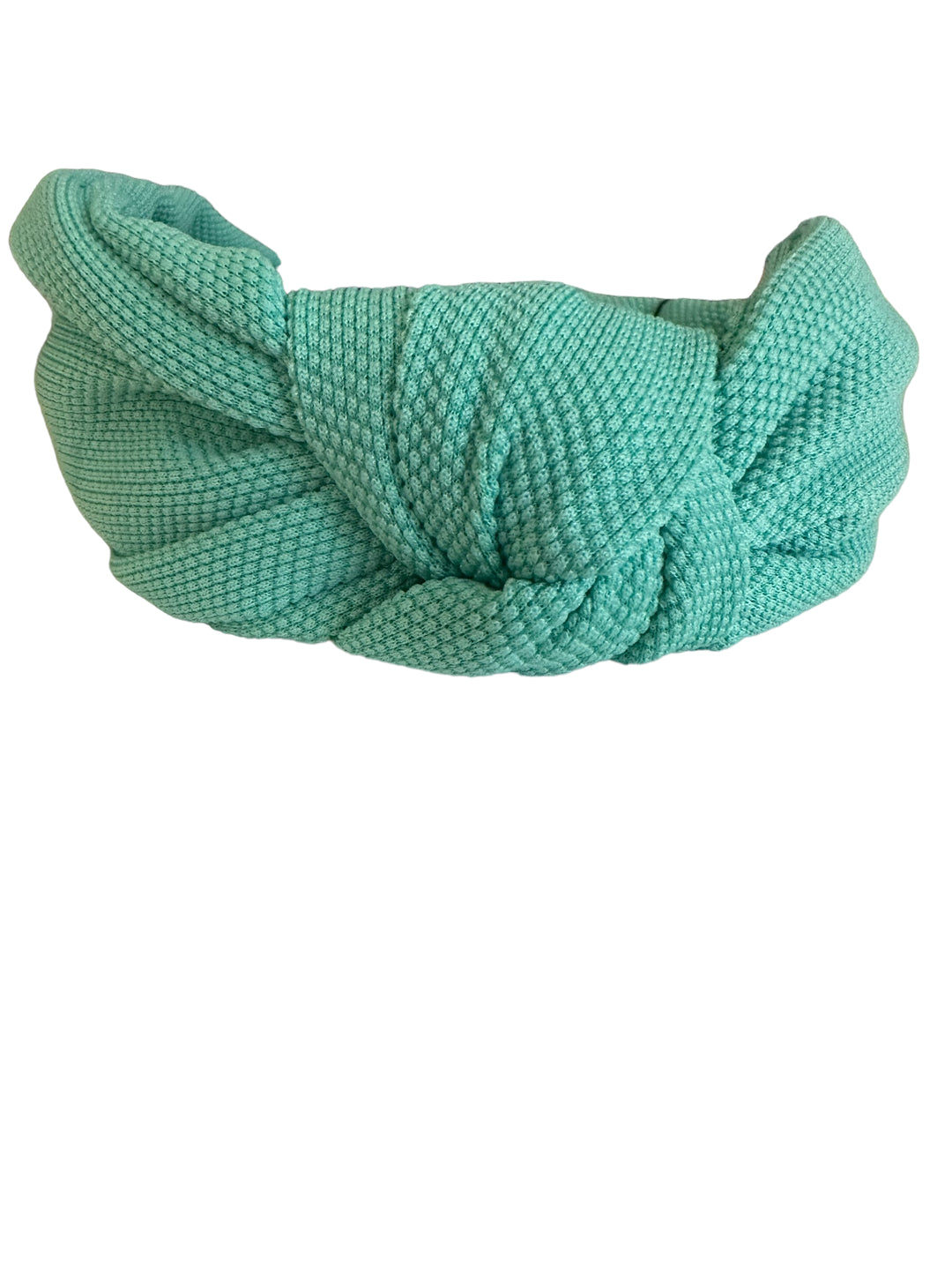 Textured light teal headband with front knot design. Available in S, M, L sizes.