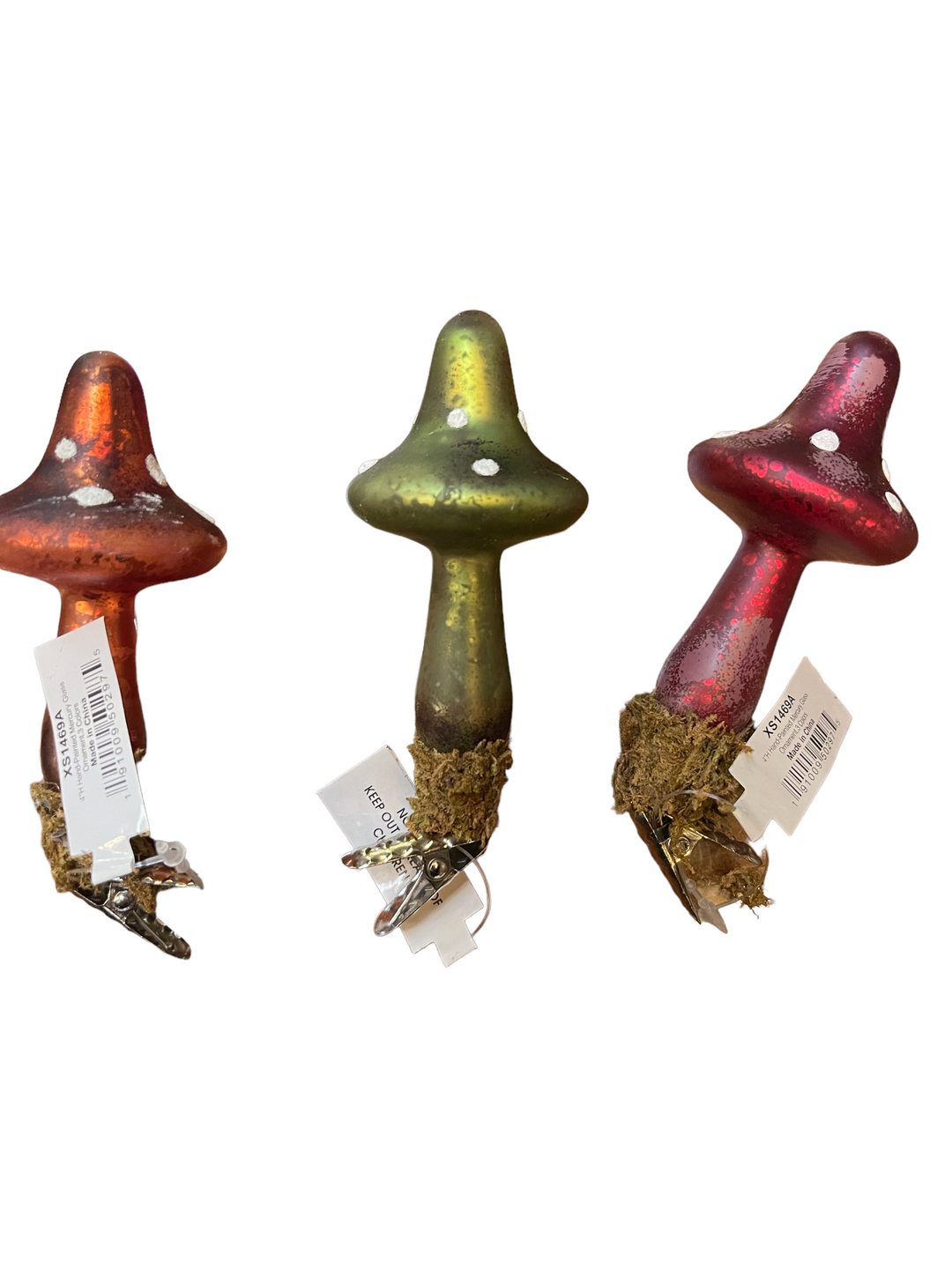 Three 4” hand-painted mercury glass mushroom ornaments in orange, green, and red with metal clip bases.