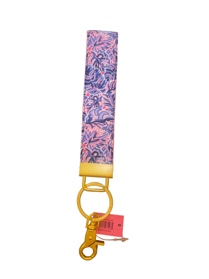 Pink and purple floral wristlet key fob with gold clasp, keyring, and pink tag. Available in one size.