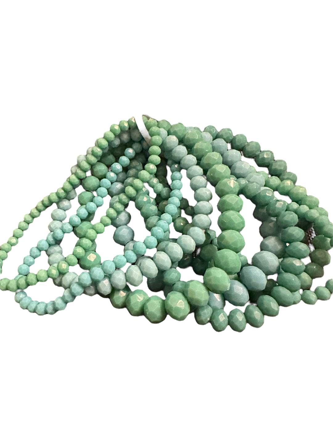 Glass Beaded Strand Bracelet with multiple coils of round and faceted turquoise and green beads. Available in S, M, L.