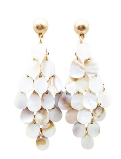Chandelier-style Mira Earrings with layered iridescent shell discs on gold studs, 3 inches long. One size available.