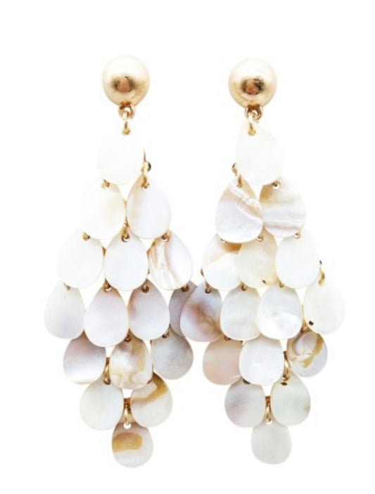 Chandelier-style Mira Earrings with layered iridescent shell discs on gold studs, 3 inches long. One size available.