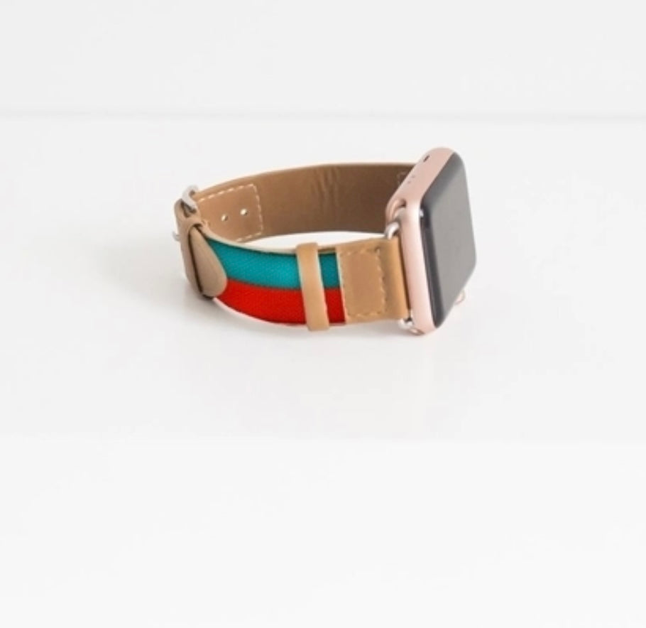 Tan leather watch band with green and red stripes, available in multiple sizes. Rose gold case included.