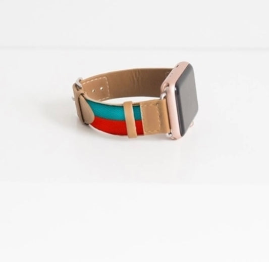 Tan leather watch band with green and red stripes, available in multiple sizes. Rose gold case included.