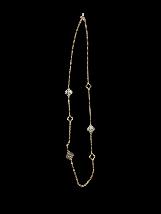 Silver Clover Long Necklace with six evenly spaced quatrefoil pendants; available in 18, 24, and 30-inch lengths.