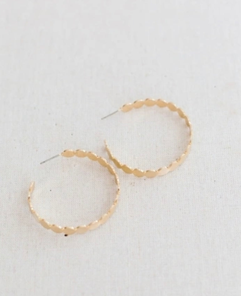 Michelle McDowell gold hoop earrings with scalloped, textured design. Available in small, medium, and large sizes.