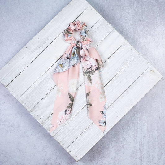 Pink striped hair scrunchie scarf with long ribbon tails. Available in small, medium, and large sizes.