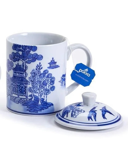 White ceramic mug with lid, blue Asian-style designs and birds. Available sizes for 53592-20 Chinoiserie Mug not listed.