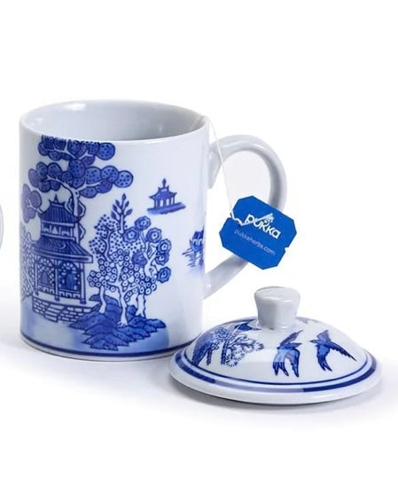 White ceramic mug with lid, blue Asian-style designs and birds. Available sizes for 53592-20 Chinoiserie Mug not listed.
