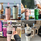 Stanley travel quenchers are available in a variety of colors, including pink, green, and tan. Each comes with a reusable straw and Straw Cover Cap.