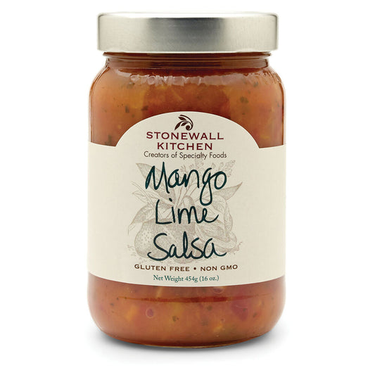 16 oz Mango Lime Salsa jar with metal lid, white label, orange salsa with veggie pieces; gluten-free, non-GMO.