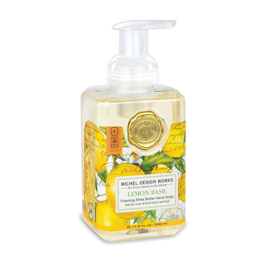 Clear pump bottle of Lemon Basil Foaming Soap with lemon and basil design, elegant script; available in 17.8 oz size.