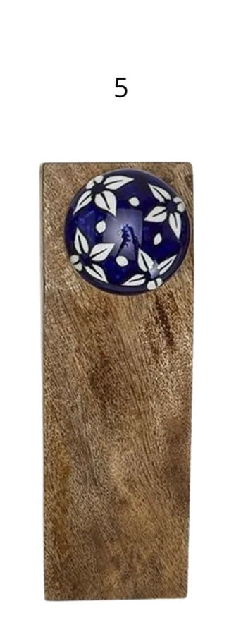 Rectangular mango wood door stop with blue ceramic floral knob, number 5. Size options available.
