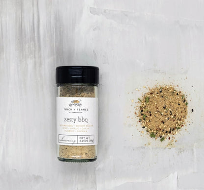 Zesty BBQ Seasoning Blend jar, coarse texture. Available in 4oz and 8oz sizes.