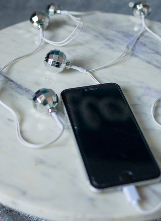 Disco Ball / iPhone charger with LED lights; available in small, medium, and large sizes.