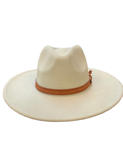 Off-white wide-brim wool hat with brown leather band; available in S, M, L sizes.