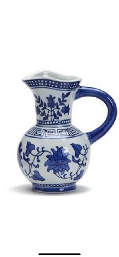 White porcelain Canton Small Pitchers with blue floral patterns, wide spout, curved handle. Available in 8oz and 16oz sizes.