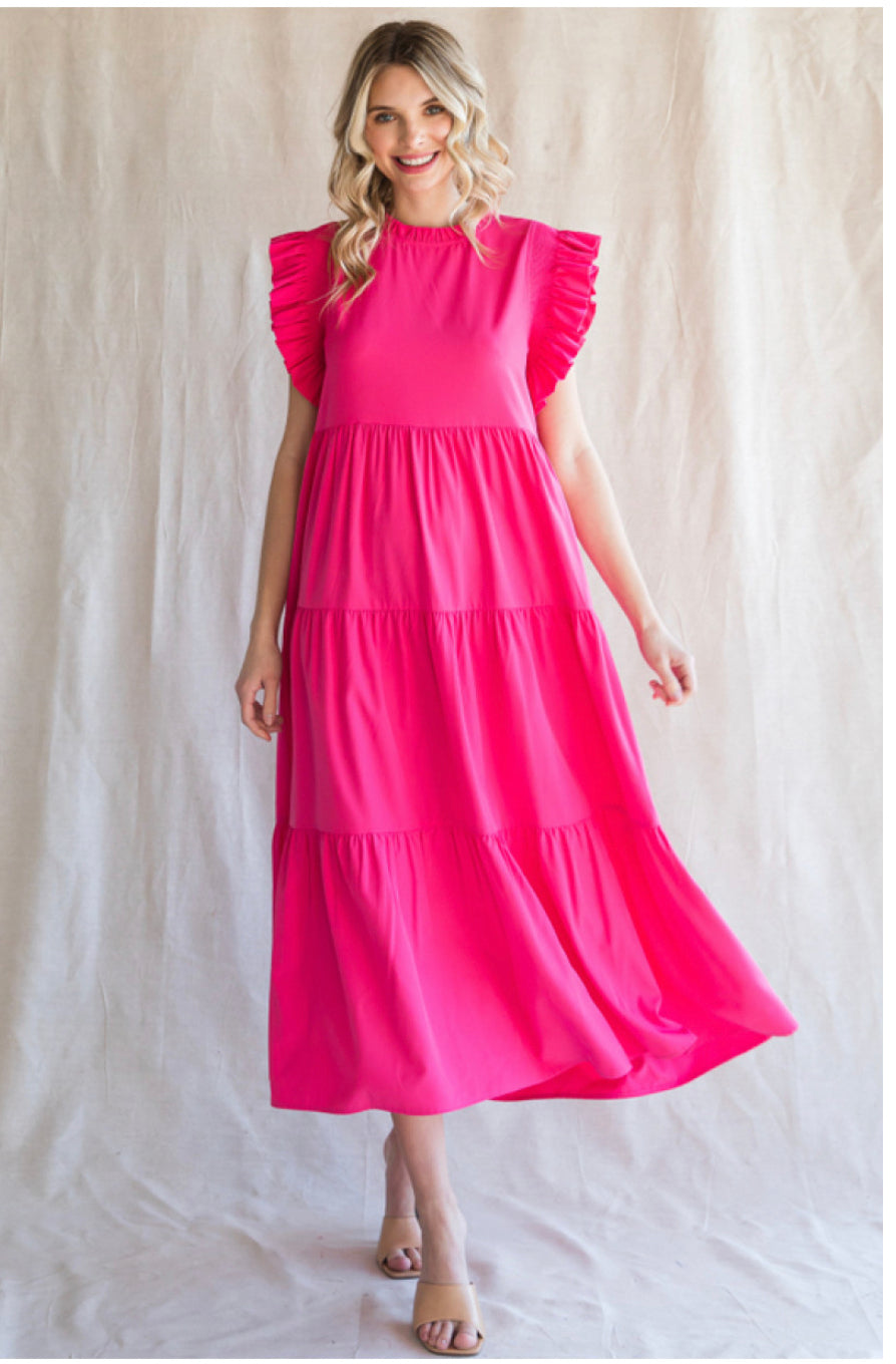 This product is a Fuchsia Midi Dress with a frilled neck. Available in sizes small, medium, and large.