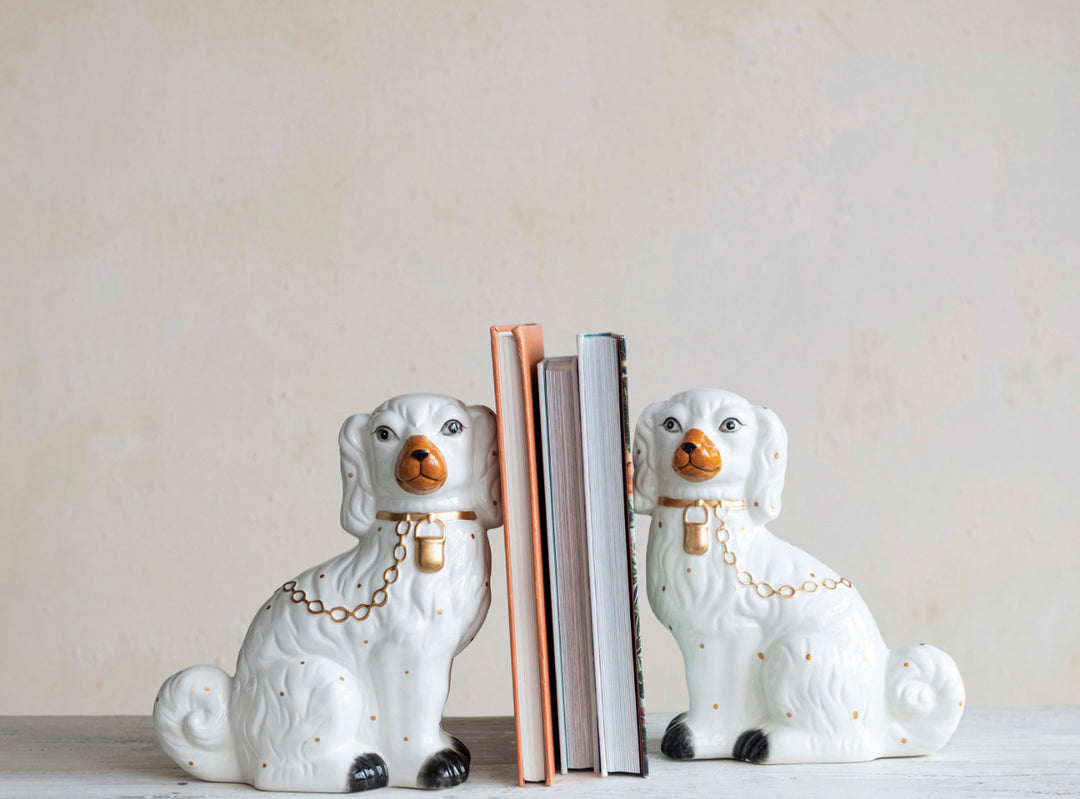 Hand Painted Dolomite Vintage Reproduction Staffordshire Dog Set, white with gold accents. Sizes: Small, Medium, Large.