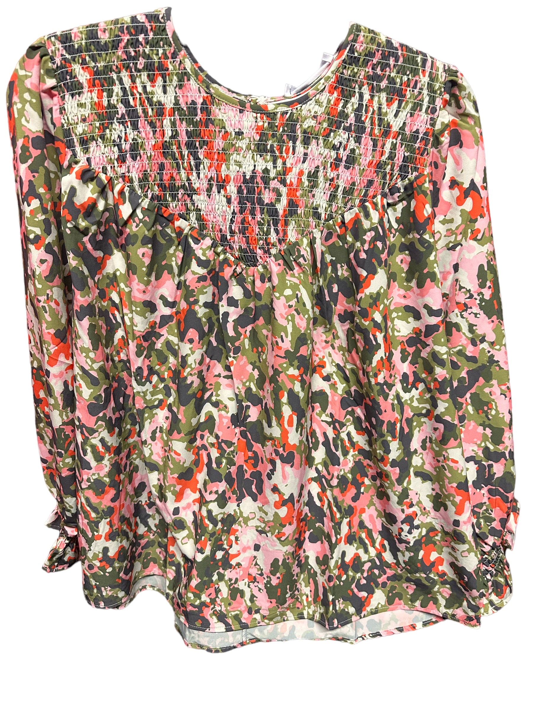 Michelle McDowell Lynn Honey Crisp Olive Top: Multicolored camouflage blouse with a pleated neckline and long sleeves, displayed on a white background. The pattern features shades of green, brown, pink, and white.