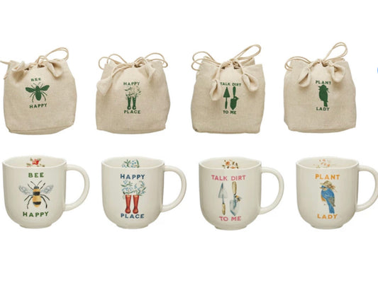 The product consists of four canvas drawstring bags with printed designs and text like "bee happy". They are lightweight, durable, and have an easy-to-use drawstring mechanism. The other part of the product includes four 4 inch stoneware mugs that come adorned with garden designs and phrases. These mugs are robust, dishwasher safe, and decorated using high quality ink to ensure longevity of design.